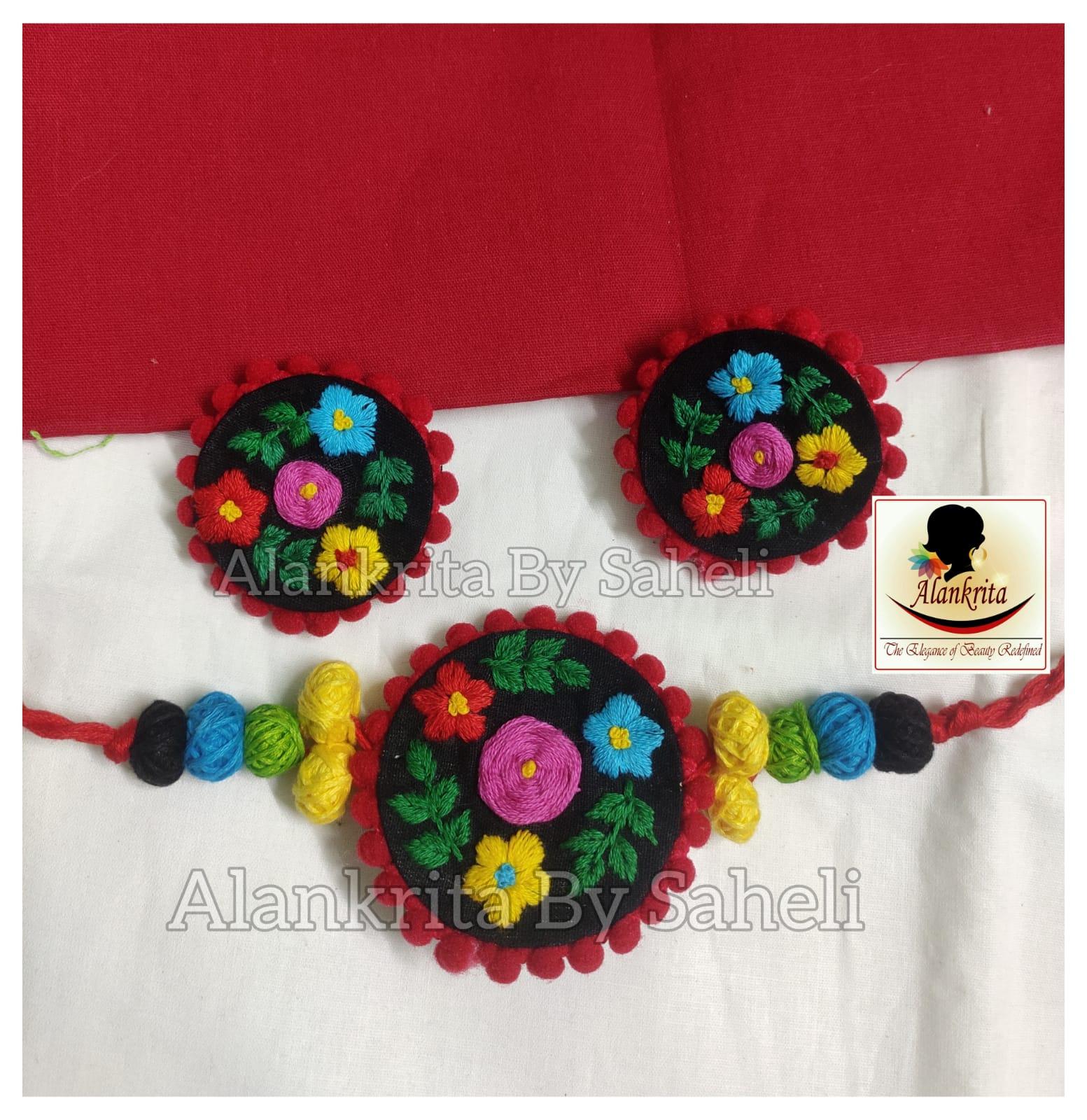 Black Embroidery Multicolor Flower  Choker Set